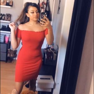 Red off the shoulder mini dress